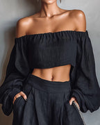 Willluxe® Off-Shoulder Crop Top and Wide Leg Pants Two-Piece Set