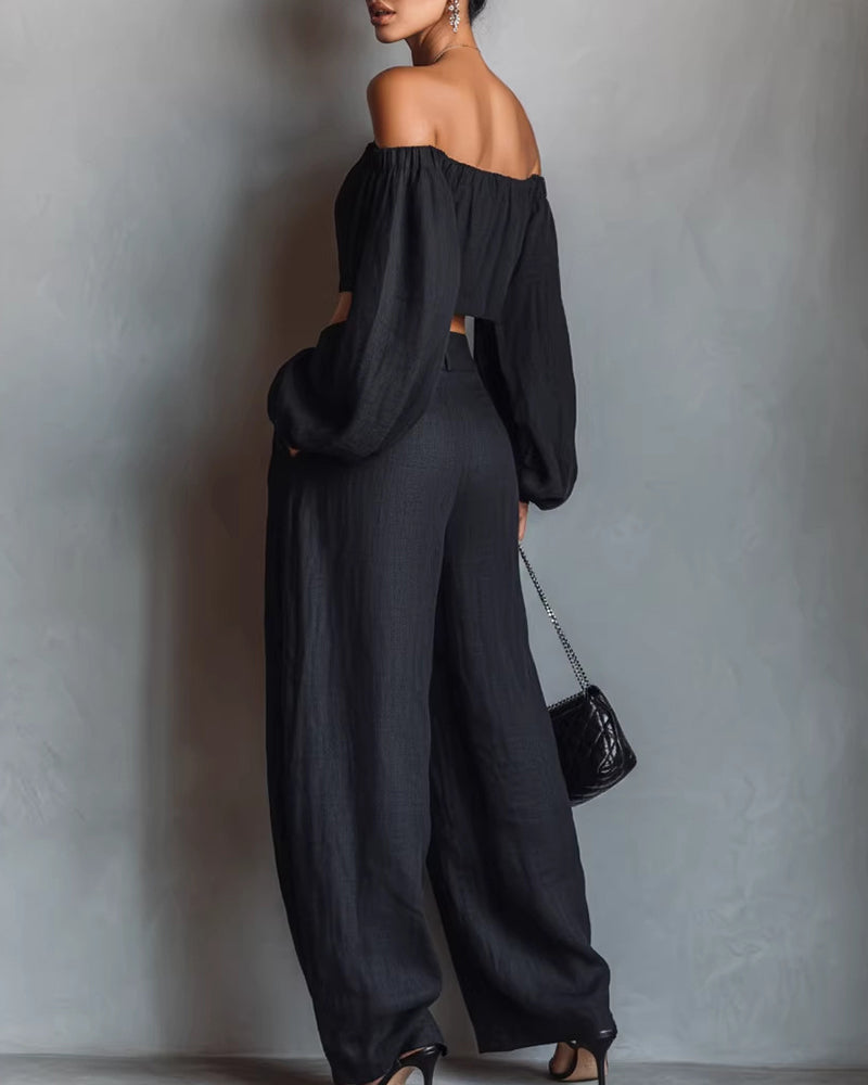 Willluxe® Off-Shoulder Crop Top and Wide Leg Pants Two-Piece Set