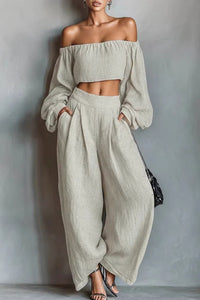 Willluxe® Off-Shoulder Crop Top and Wide Leg Pants Two-Piece Set