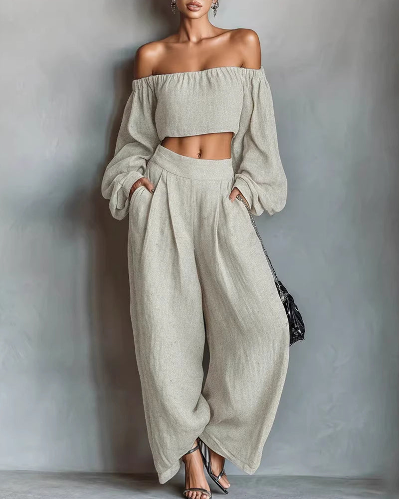 Willluxe® Off-Shoulder Crop Top and Wide Leg Pants Two-Piece Set
