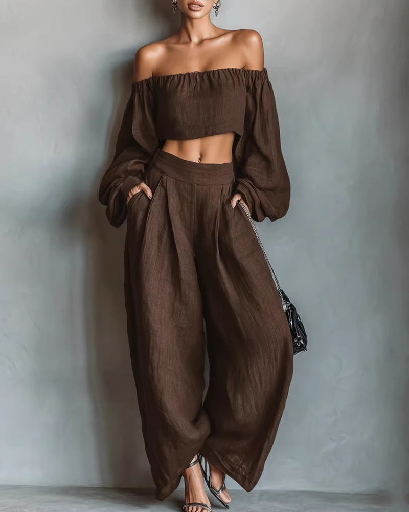 Willluxe® Off-Shoulder Crop Top and Wide Leg Pants Two-Piece Set