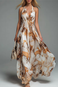 Willluxe® Boho Halter Neck Deep-V Flowy Maxi Dress