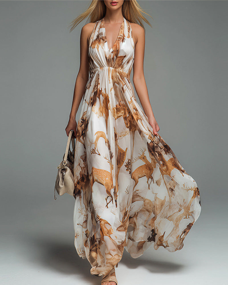 Willluxe® Boho Halter Neck Deep-V Flowy Maxi Dress