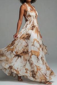 Willluxe® Boho Halter Neck Deep-V Flowy Maxi Dress