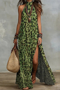 Willluxe® Wild Elegance Leopard Halter Maxi Dress with Side Slit