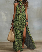 Willluxe® Wild Elegance Leopard Halter Maxi Dress with Side Slit