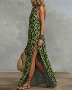 Willluxe® Wild Elegance Leopard Halter Maxi Dress with Side Slit