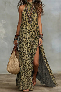 Willluxe® Wild Elegance Leopard Halter Maxi Dress with Side Slit