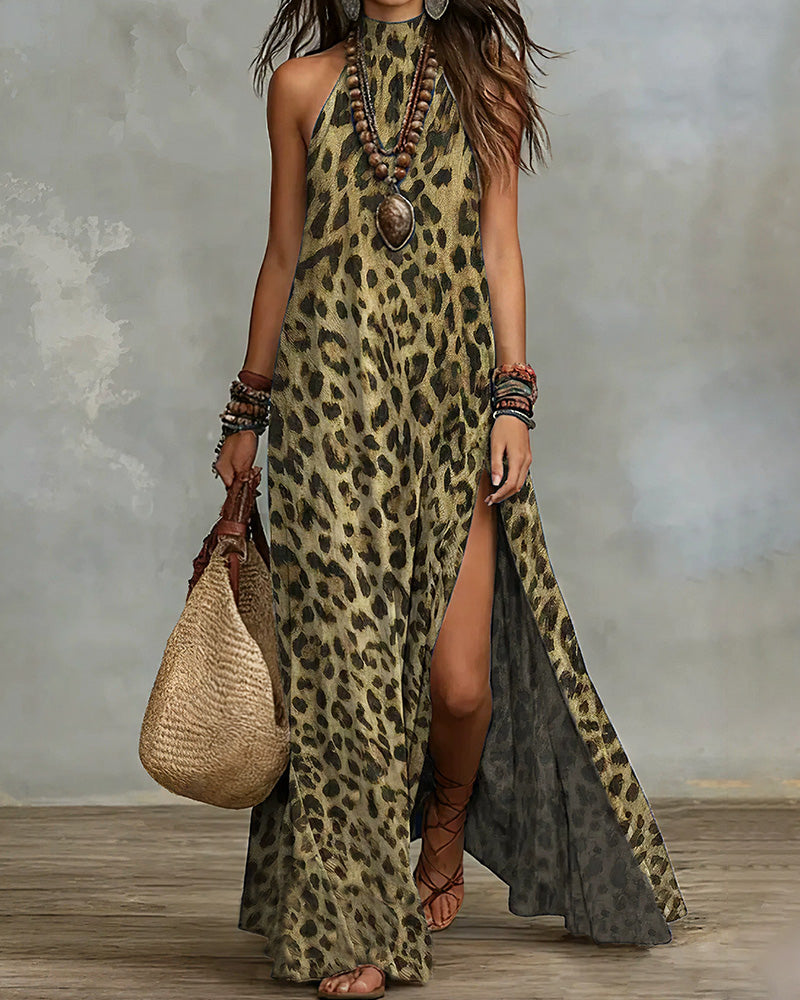 Willluxe® Wild Elegance Leopard Halter Maxi Dress with Side Slit