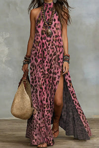 Willluxe® Wild Elegance Leopard Halter Maxi Dress with Side Slit