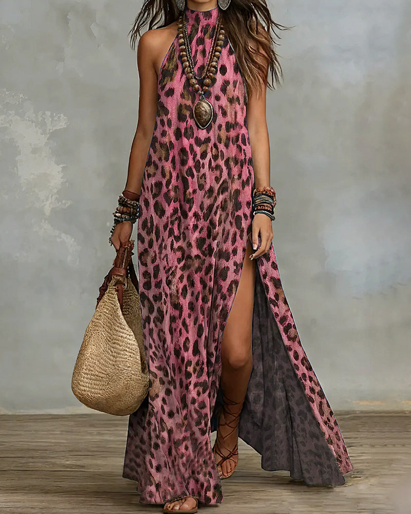 Willluxe® Wild Elegance Leopard Halter Maxi Dress with Side Slit