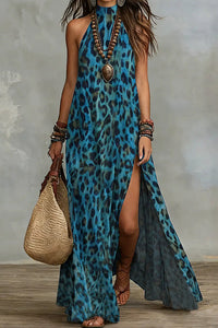 Willluxe® Wild Elegance Leopard Halter Maxi Dress with Side Slit