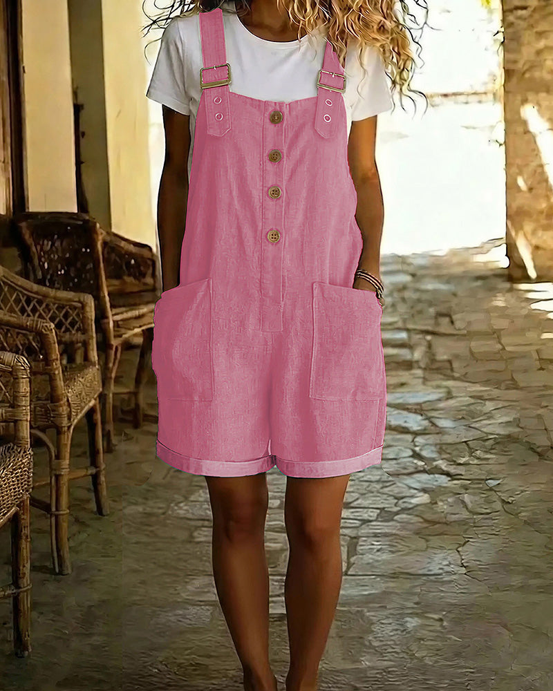 Willluxe® Vintage Cotton Linen Short Overalls With Pockets