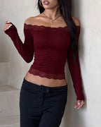 Willluxe®  Lace Trim Long Sleeve Casual Top