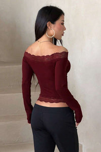 Willluxe®  Lace Trim Long Sleeve Casual Top