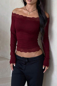 Willluxe®  Lace Trim Long Sleeve Casual Top