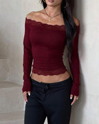 Willluxe®  Lace Trim Long Sleeve Casual Top