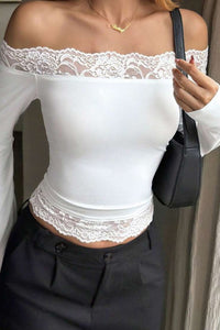 Willluxe®  Lace Trim Long Sleeve Casual Top