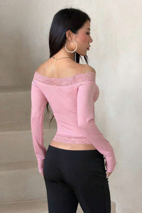 Willluxe®  Lace Trim Long Sleeve Casual Top