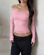Willluxe®  Lace Trim Long Sleeve Casual Top
