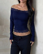 Willluxe®  Lace Trim Long Sleeve Casual Top