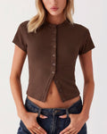 Willluxe® Ribbed Button-Front Cropped Tee
