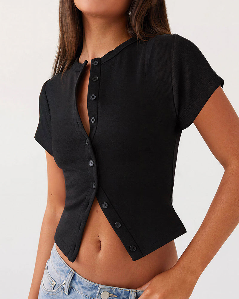 Willluxe® Ribbed Button-Front Cropped Tee