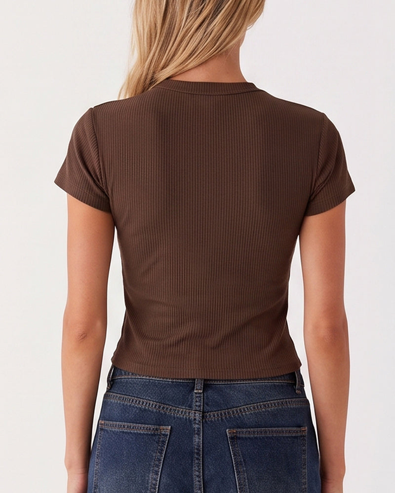 Willluxe® Ribbed Button-Front Cropped Tee
