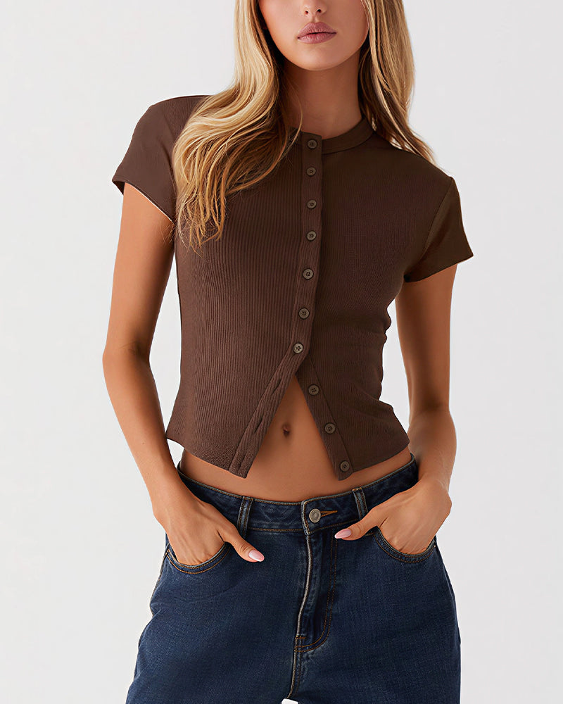 Willluxe® Ribbed Button-Front Cropped Tee