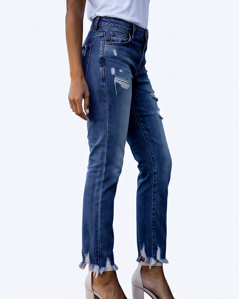 Willluxe® Distressed Cropped Jeans With Raw Hem