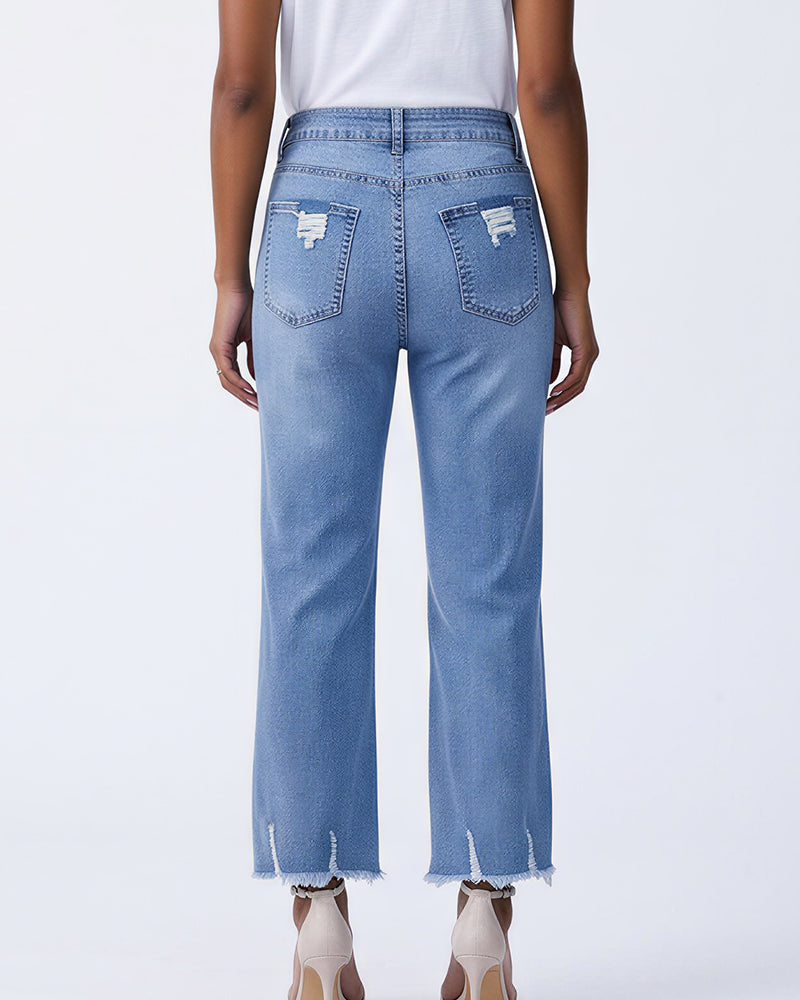 Willluxe® Distressed Cropped Jeans With Raw Hem