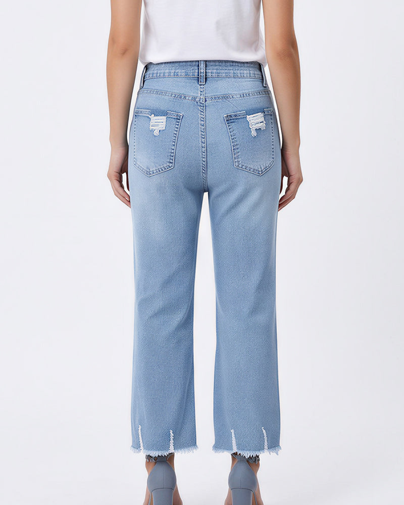 Willluxe® Distressed Cropped Jeans With Raw Hem
