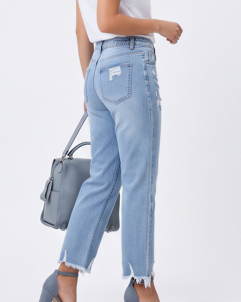 Willluxe® Distressed Cropped Jeans With Raw Hem