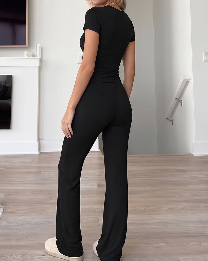 Willluxe® Short Sleeve Top & Drawstring Wide-Leg Pants 2-Piece Lounge Set