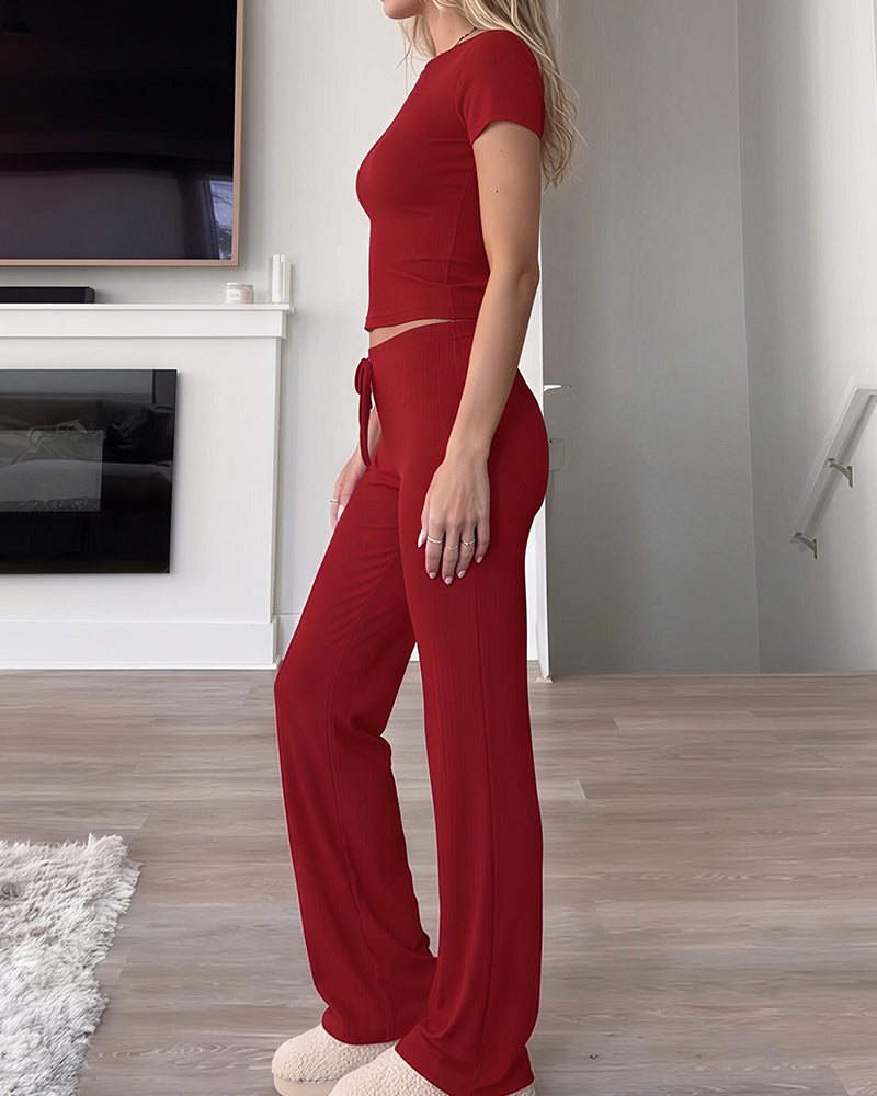 Willluxe® Short Sleeve Top & Drawstring Wide-Leg Pants 2-Piece Lounge Set