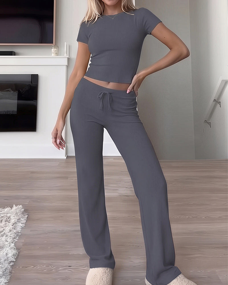 Willluxe® Short Sleeve Top & Drawstring Wide-Leg Pants 2-Piece Lounge Set