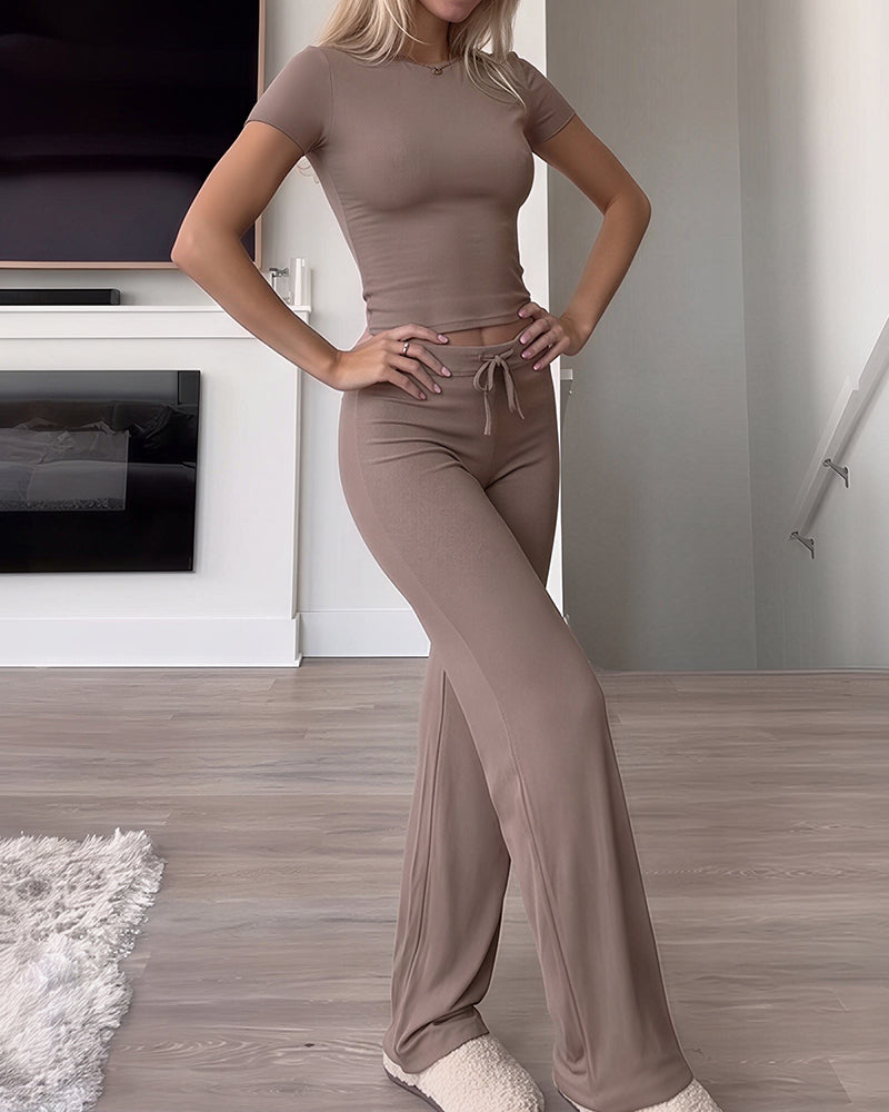 Willluxe® Short Sleeve Top & Drawstring Wide-Leg Pants 2-Piece Lounge Set