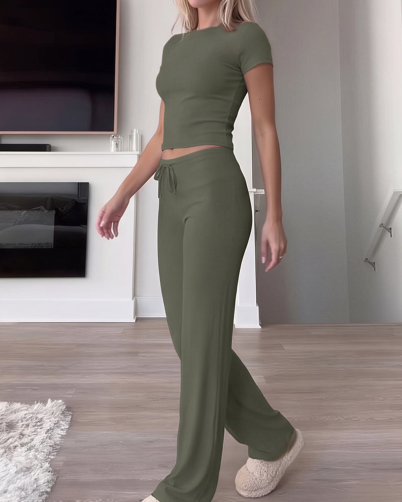 Willluxe® Short Sleeve Top & Drawstring Wide-Leg Pants 2-Piece Lounge Set