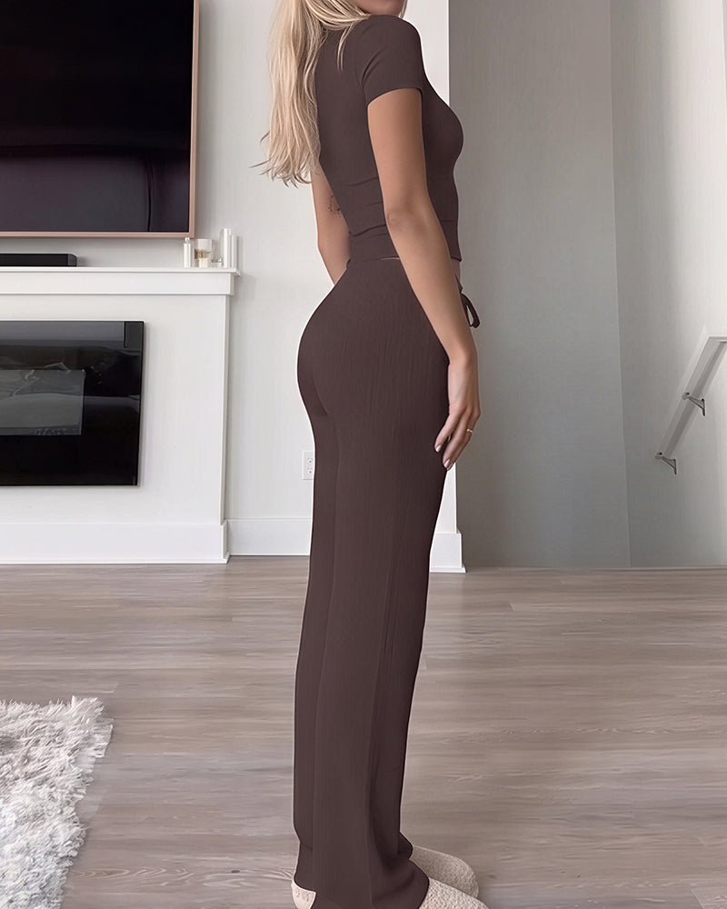 Willluxe® Short Sleeve Top & Drawstring Wide-Leg Pants 2-Piece Lounge Set