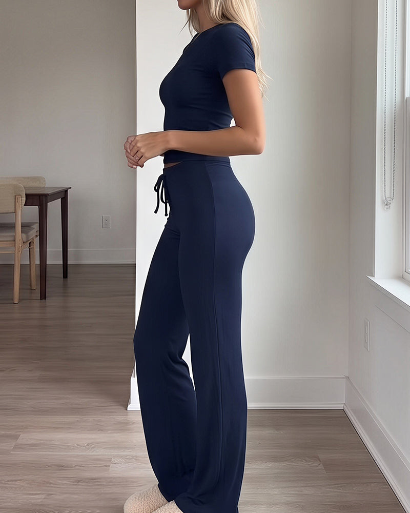 Willluxe® Short Sleeve Top & Drawstring Wide-Leg Pants 2-Piece Lounge Set