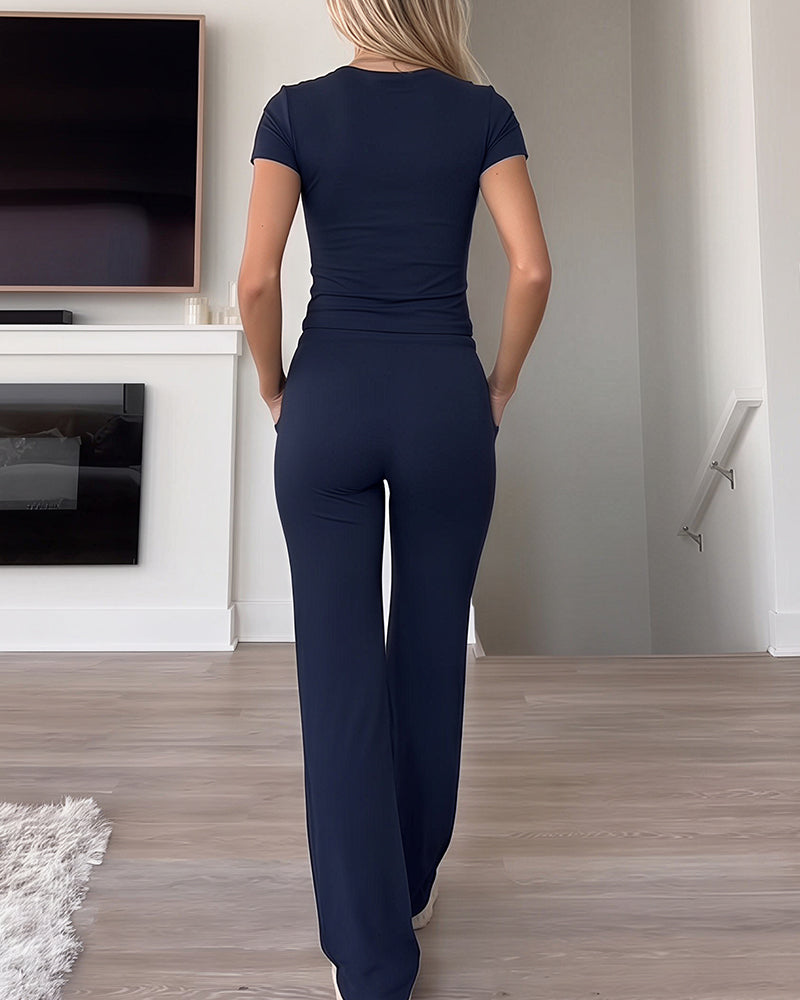 Willluxe® Short Sleeve Top & Drawstring Wide-Leg Pants 2-Piece Lounge Set