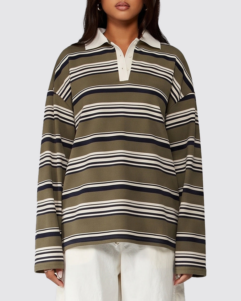 Willluxe® The Vintage Oversized Striped Polo Sweatshirt
