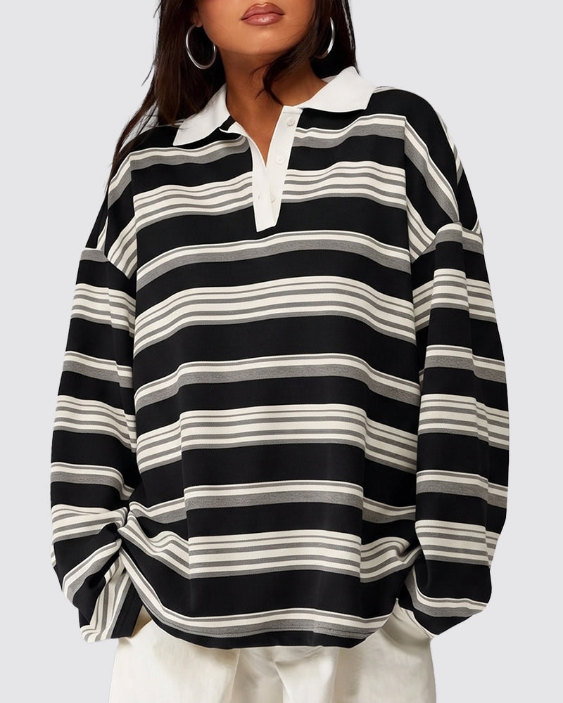 Willluxe® The Vintage Oversized Striped Polo Sweatshirt
