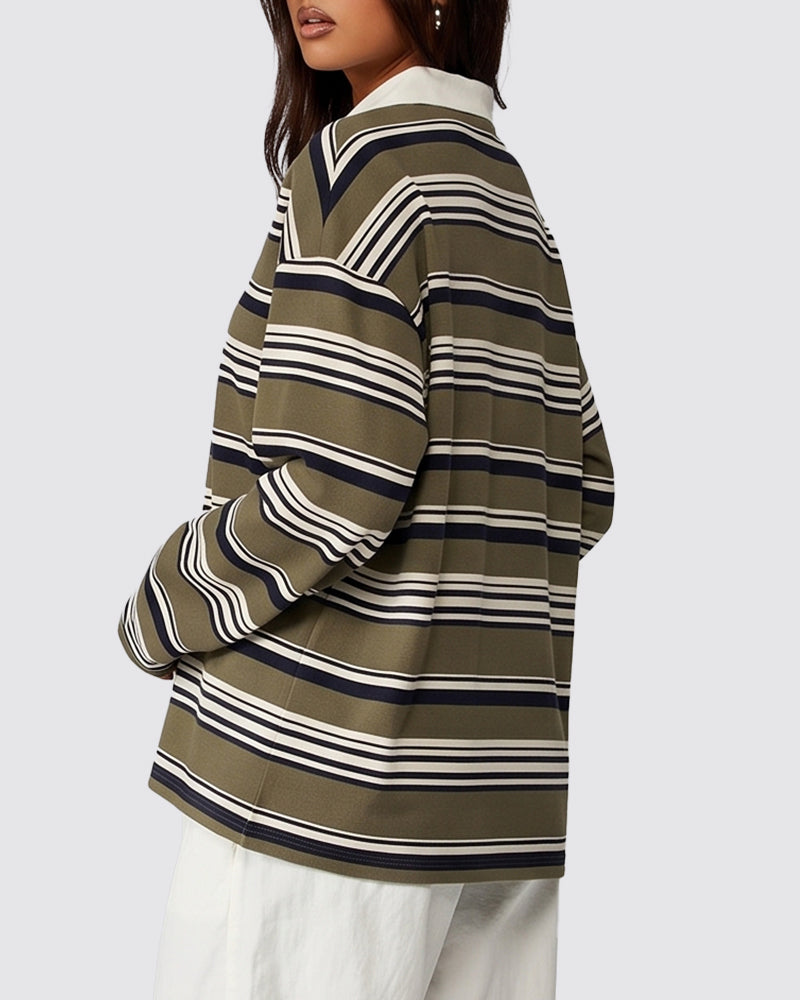 Willluxe® The Vintage Oversized Striped Polo Sweatshirt