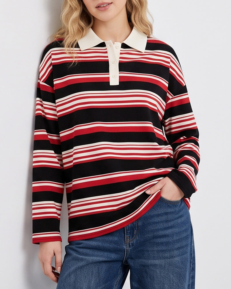Willluxe® The Vintage Oversized Striped Polo Sweatshirt