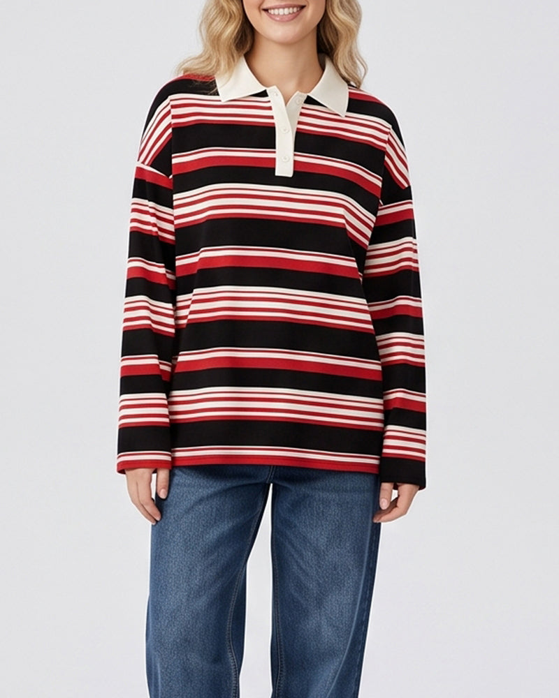 Willluxe® The Vintage Oversized Striped Polo Sweatshirt