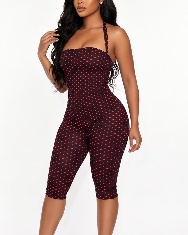 Willluxe® Retro Polka Dot Halter Bodycon Capri Jumpsuit