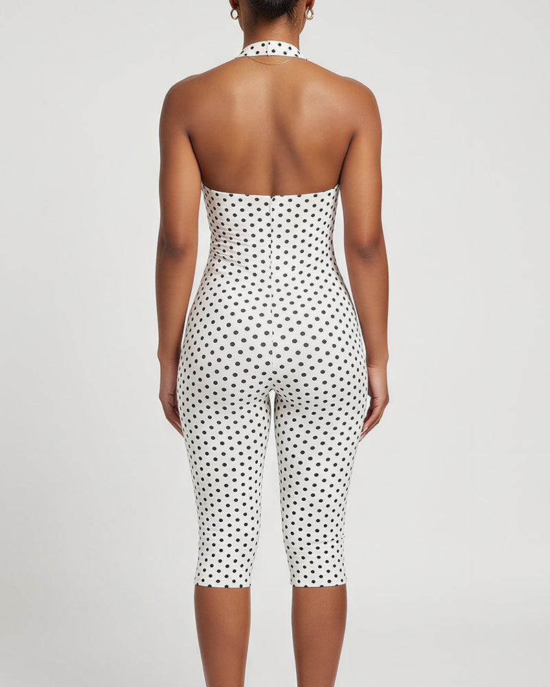 Willluxe® Retro Polka Dot Halter Bodycon Capri Jumpsuit