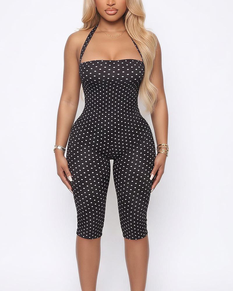 Willluxe® Retro Polka Dot Halter Bodycon Capri Jumpsuit