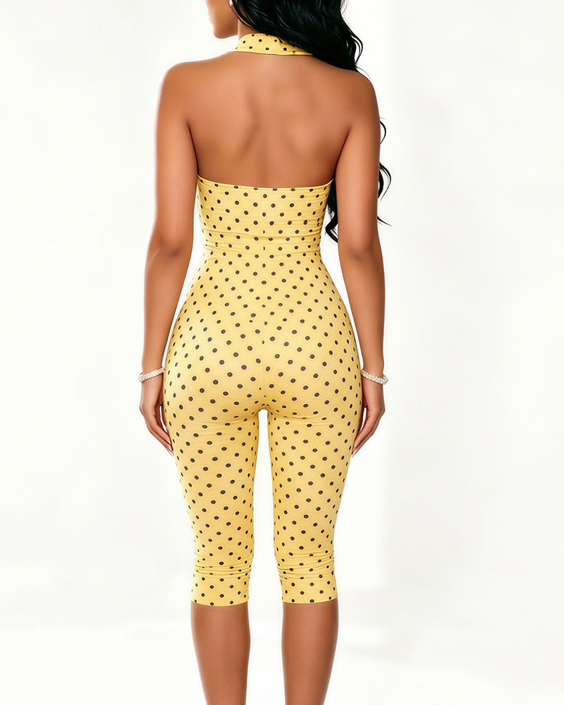 Willluxe® Retro Polka Dot Halter Bodycon Capri Jumpsuit